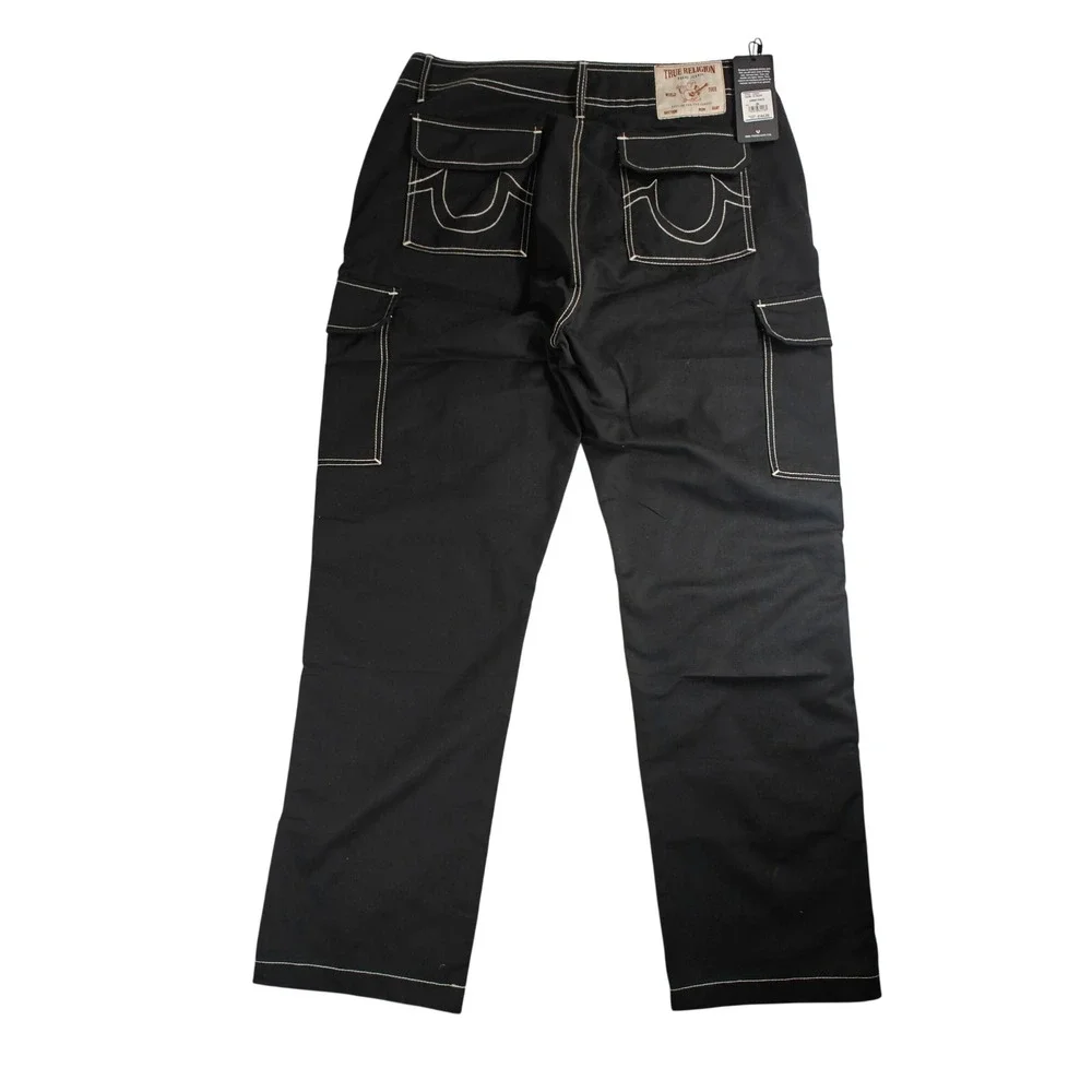 NWT Size 36 True Religion Mens Jet Black Contrast Stitch Cargo Pants 108335